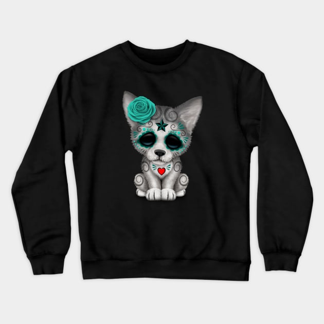 Blue Day of the Dead Sugar Skull Wolf Cub Crewneck Sweatshirt by jeffbartels